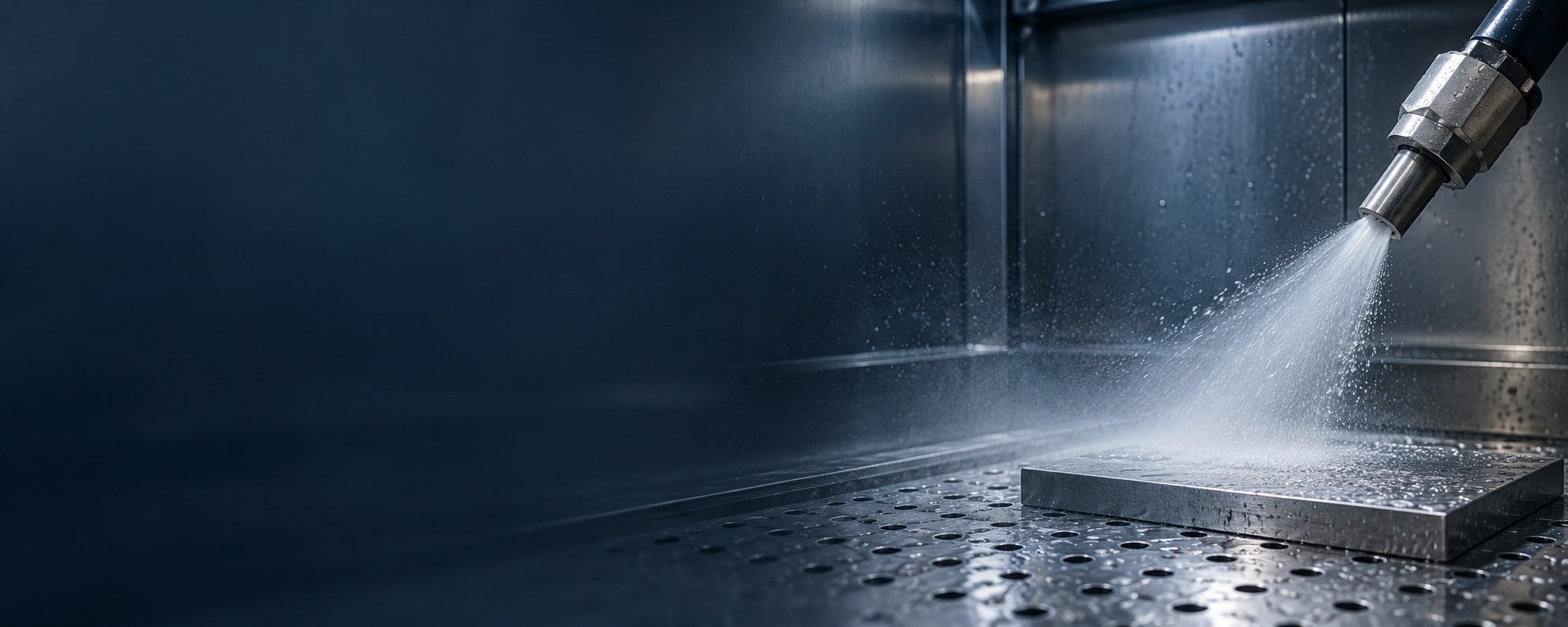 AI-generated concept illustration of a wet blasting nozzle treating a metal test piece