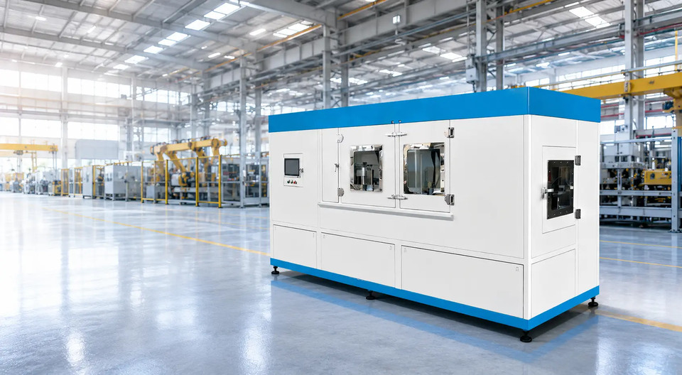 Promotional image of a white and blue equipment enclosure
