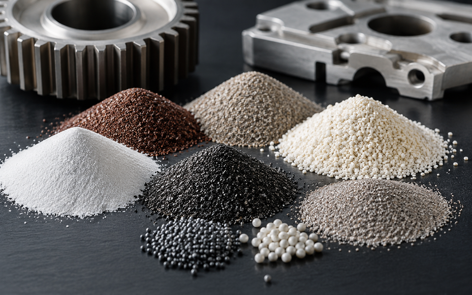 Abrasive media samples arranged beside metal components