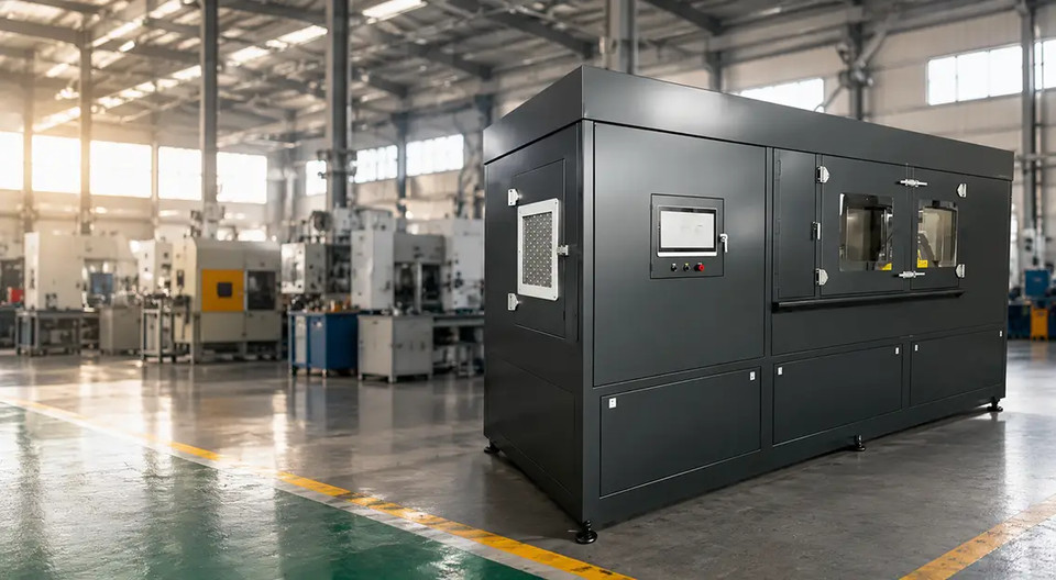 Gray equipment enclosure in a workshop