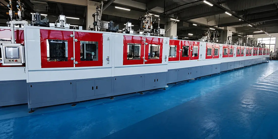 Row of red and gray equipment enclosures