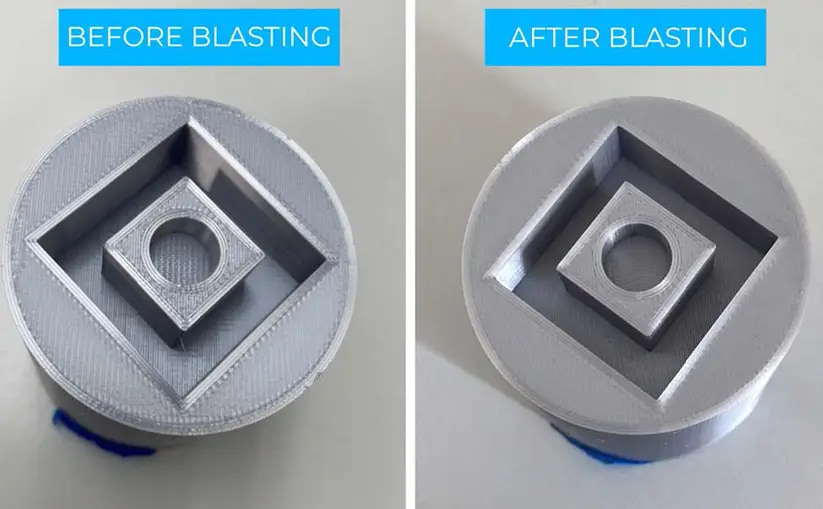 Additive-manufactured sample labelled Before Blasting on the left and After Blasting on the right