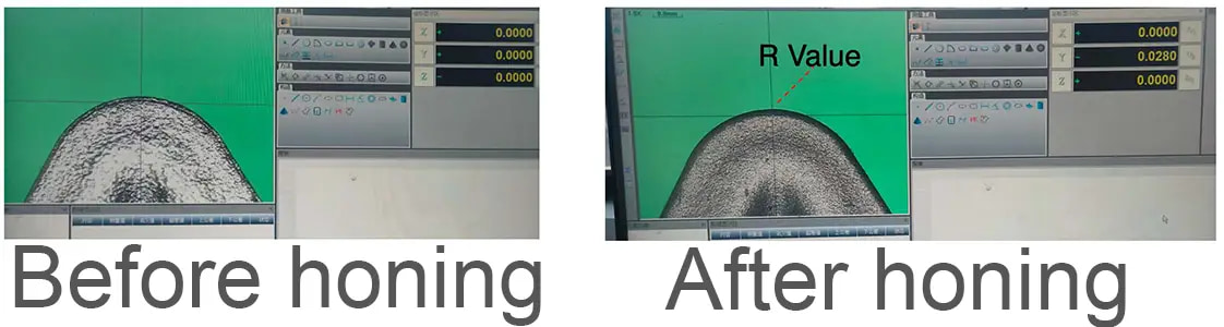 Two magnified edge views labeled before honing and after honing