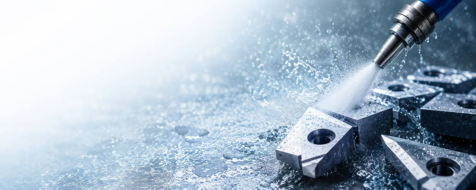 Wet blasting illustration showing a nozzle directed toward cutting inserts
