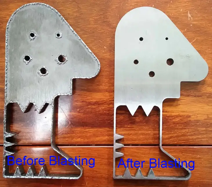 Original metal-part deburring comparison labelled Before Blasting and After Blasting