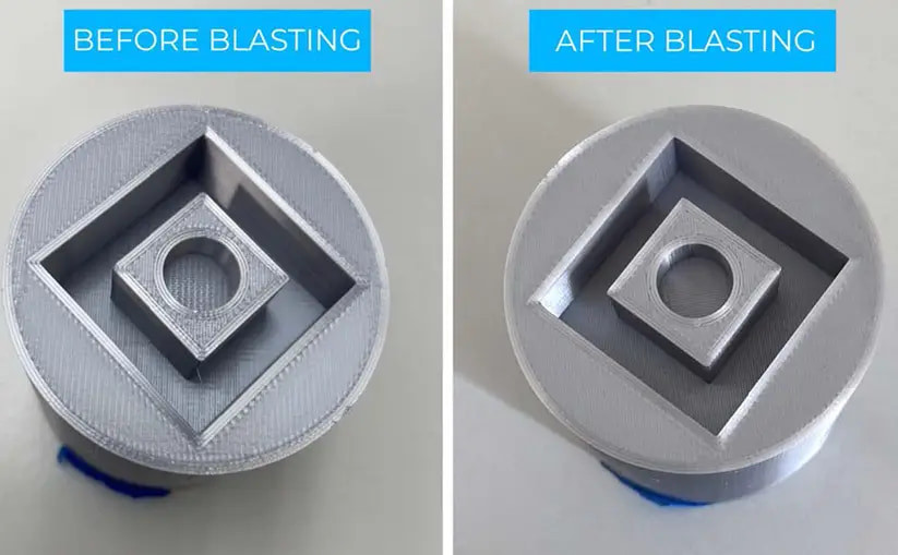Before Blasting and After Blasting views of a printed sample with circular and square features