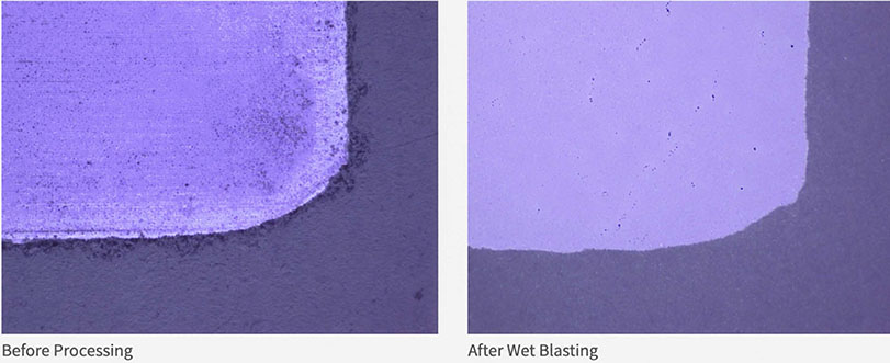 Part-edge comparison labelled Before Processing on the left and After Wet Blasting on the right